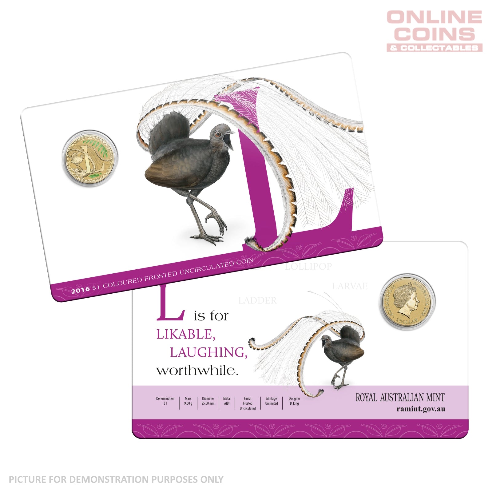 2016 $1 Coloured Alphabet Frosted Coin In Card - L For Lyrebird